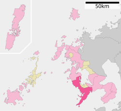 Peta Prefektur Nagasaki dengan Nagasaki disorot warna merah muda