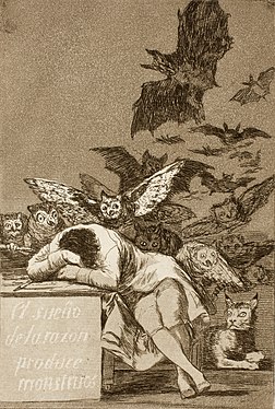 《理性沉睡，心魔生焉》(El sueño de la razón produce monstruos)，1797年到1799年，铜版画，《奇想集》(Los Caprichos)第43图