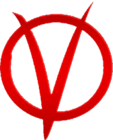 V-tecknet som förekommer i serieromanen (vänster) har stor likhet med det omringade A-tecknet (höger), vilken är en symbol för anarkism.
