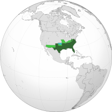 شمالی نصف کرے کا نقشہ جس میں امریکا کی کنفیڈریٹ ریاستوں کو واضح کیا گیا ہے۔