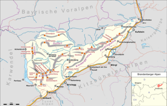 Karte der Brandenberger Alpen (Brandenberg Alps with lake) mit Hinter, Hoch- und Vorder-Unnütz)
