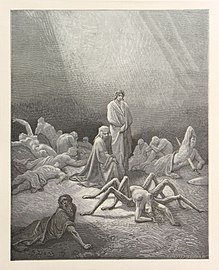 Au premier cercle du Purgatoire, Dante et Virgile devant Arachné. Illustration de Gustave Doré pour la Divine Comédie, 1868.