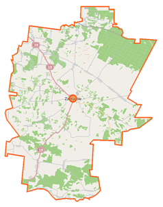 Mapa konturowa gminy Zabłudów, w centrum znajduje się punkt z opisem „Zabłudów”