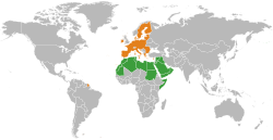Map indicating locations of Arab League and European Union
