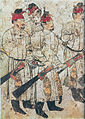 این نقاشی دیواری سلسله تانگ در قرن هفتم با سادگی طراحی استادانه و استفاده هوشمندانه از ترکیب‌های موازی سلاح‌ها کلاه‌های قرمز و چکمه‌های سیاه سربازان و هماهنگی ترکیبی رنگ‌ها پیش آهنگ پوسترهای گرافیک مدرن است.[۴۵]