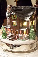 Gingerbread house with steps and trees