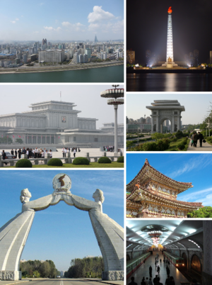 From top left: P'yŏngyang's Skyline, Tore ng Juche, Kumsusan Memorial Palace, Arch of Triumph, Arch of Reunification, Libingan ni Haring Dongmyeong, & Sunan International Airport