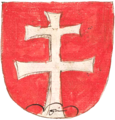 Герб караля Венгрыі з крыжам, 1380. З гербоўніка 1475—1500 гг.