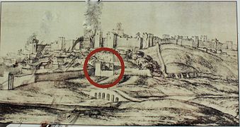 Vista de Badajoz dibujada por Pier Maria Baldi en 1668. La Puerta de Mérida se encontraba entonces en su antigua posición
