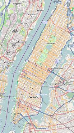 Mapa konturowa Manhattanu, blisko centrum po prawej na dole znajduje się punkt z opisem „Siedziba Główna ONZ”