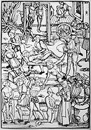 Tyske torturmetoder brukt mot hekseri rundt 1509. Torturisten midt i bildet står klar med et hjul over offeret som ligger fastbundet.