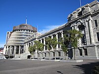 The 'Beehive' (left) and New Zealand's Parliament House in June 2012