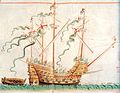 Den första illustrationen i den första rullen av Henry Grace à Dieu, det största skeppet i den engelska flottan under Henrik VIII.