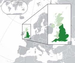 Location o  Ingland  (dark green) – on the European continent  (green & dark grey) – in the United Kingdom  (green)