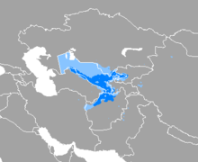 Мапа која показује да се узбечки говори широм Узбекистана, осим западне трећине (где доминира каракалпак) и северног Авганистана.