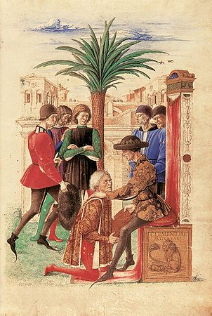 Giovanni Bellini (attribuito), Marcello offre il manoscritto a Reneto d'Angiò, carta 4r