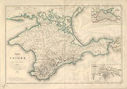 Karta från 1854 över Krimhalvön med infälld detaljkarta av Sevastapol.