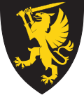 2. bataljon- Sambandslyn og vikingsverd på blå bakgrunn