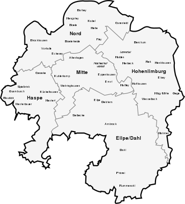 Kaart der stadsdelen van Hagen