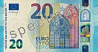 En 20-eurosedel med det officiella valutanamnet skrivet med tre olika alfabeten (EURO, ΕΥΡΩ, ЕВРО).