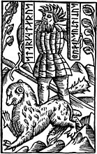 Starkad, ein nordischer Sagenheld, mit Runenstäben; lateinische Inschrift: Starcaterus pugil Suctius"; O. Magnus 1555