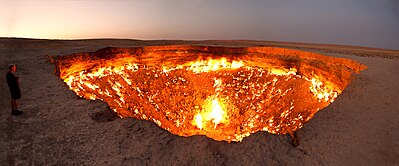 Door to Hell, a burning natural gas field in Derweze, Turkmenistan.