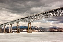 Kingston-Rhinecliff Bridge, river is iced over and snow is on the far shore