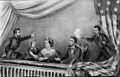 The assassination. From left to right are: Henry Rathbone, Clara Harris, Mary Todd Lincoln, Abraham Lincoln, and John Wilkes Booth.