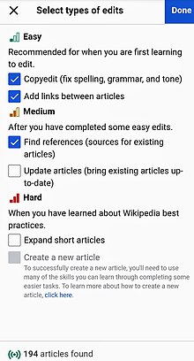A screenshot displaying the "suggested edits" tool on a mobile device: New editors are shown a checklist that implies they must perform basic tasks such as copyediting and adding wikilinks before being able to access the "Create a new article" part of the list.