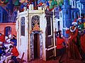 نقاشی به سبک قرون وسطی که عمر بن خطاب را در حال بنیان نهادن مسجدی در اورشلیم نشان می‌دهد