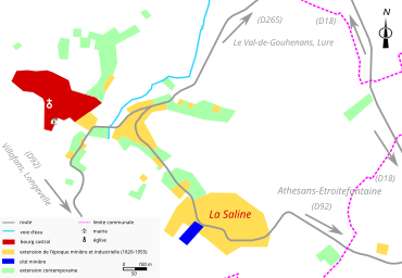 Vue d'une carte en couleur représentant les étapes de développement du bâti d'un bourg.