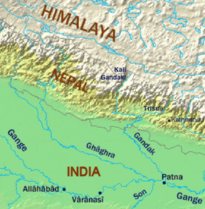Kaart van die Ganges-bekken in Asië.