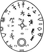 Tegning av Anders Paulsens tromme (til venstre) og Bindalstromma (til høyre). De to representerer på flere vis ytterpunkt blant de kjente samiske trommene: Den første er en skåltromme fra Vadsø, den andre er en rammetromme fra Bindal. Motiv-strukturen på første er typisk nordsamisk, med flere horisontale nivå som tolkes som ulike (ånde)verdner. Figurene på den andre er typisk sørsamiske, med et rombeformet solsymbol i midten, og ulike figurer spredt rundt kanten av tromma. Den første gikk ut av samisk eie så tidlig som i 1691, den andre i 1925.