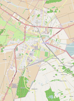 Mapa konturowa Łowicza, w centrum znajduje się punkt z opisem „Siedziba parafii”