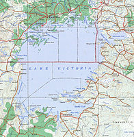 Карта на езерото Виктория и преминаващите през него държавни граници.