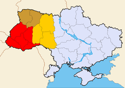 Vários oblasts podem ser referidos atualmente como "Ucrânia Ocidental": Vermelho - sempre incluído Castanho - muitas vezes incluído Laranja - às vezes incluído