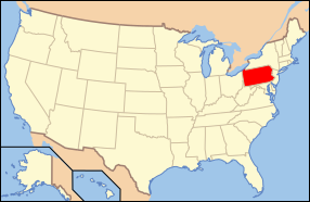 Peta Amerika Syarikat dengan nama Pennsylvania ditonjolkan