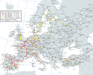 Високошвидкісні магістралі Європи    320-350 км/год    270-300 км/год    250 км/год    200-230 км/год    <200 км/год