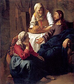 "ישוע בבית מרתא ומרים", יצירתו של יוהנס ורמיר. מרים יושבת לרגלי ישוע, ומרתא עומד מאחוריה. היצירה מוצגת בגלריה הלאומית של סקוטלנד באדינבורו