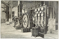 Dřevoryt podle fotografické předlohy generátoru v Lauffen am Neckar, který byl instalován v roce 1891 na mezinárodní elektrotechnické výstavě ve Frankfurtu