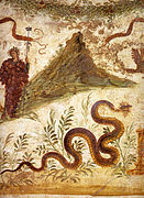 Bacchus berbalut anggur, dan seekor ular Agathodaimon ("keilahian yang baik"), Genius dari tanah di sekitar Vesuvius.