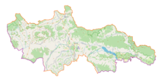 Mapa konturowa powiatu nowotarskiego, blisko centrum na dole znajduje się punkt z opisem „Nowa Biała”