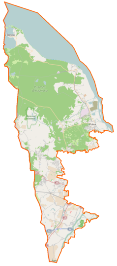 Mapa konturowa powiatu polickiego, blisko lewej krawiędzi u góry znajduje się punkt z opisem „Nowe Warpno”