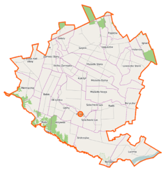 Mapa konturowa gminy Przyłęk, u góry nieco na prawo znajduje się punkt z opisem „Pająków”