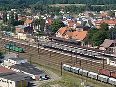 English: Railway Station in Szczecinek Polski: Dworzec kolejowy w Szczecinku, zdjęcie wykonane z lotu ptaka.