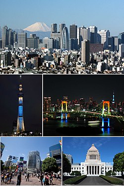 Dari atas searah jarum jam: Kawasan bisnis Nishi-Shinjuku, Jembatan Pelangi, Diet Nasional, Shibuya, dan Tokyo Skytree