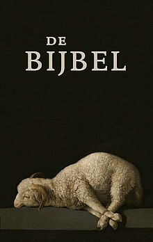 Dutch text showing "De Bijbel" above a painting of a lamb carcass with its legs tied together.