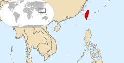 Peta menunjukan kawasan bebas Republik China di Taiwan.Republik China pada asalnya meliputi seluruh tanah besar China.