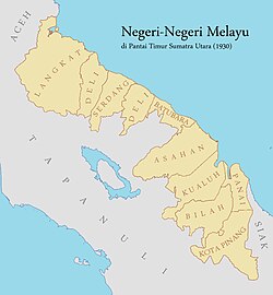 Wilayah Kesultanan Deli dan beberapa kerajaan Melayu di Sumatra Timur pada tahun 1930
