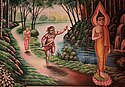 Ilustrasi Angulimala sedang mencoba mengejar Buddha Gautama.